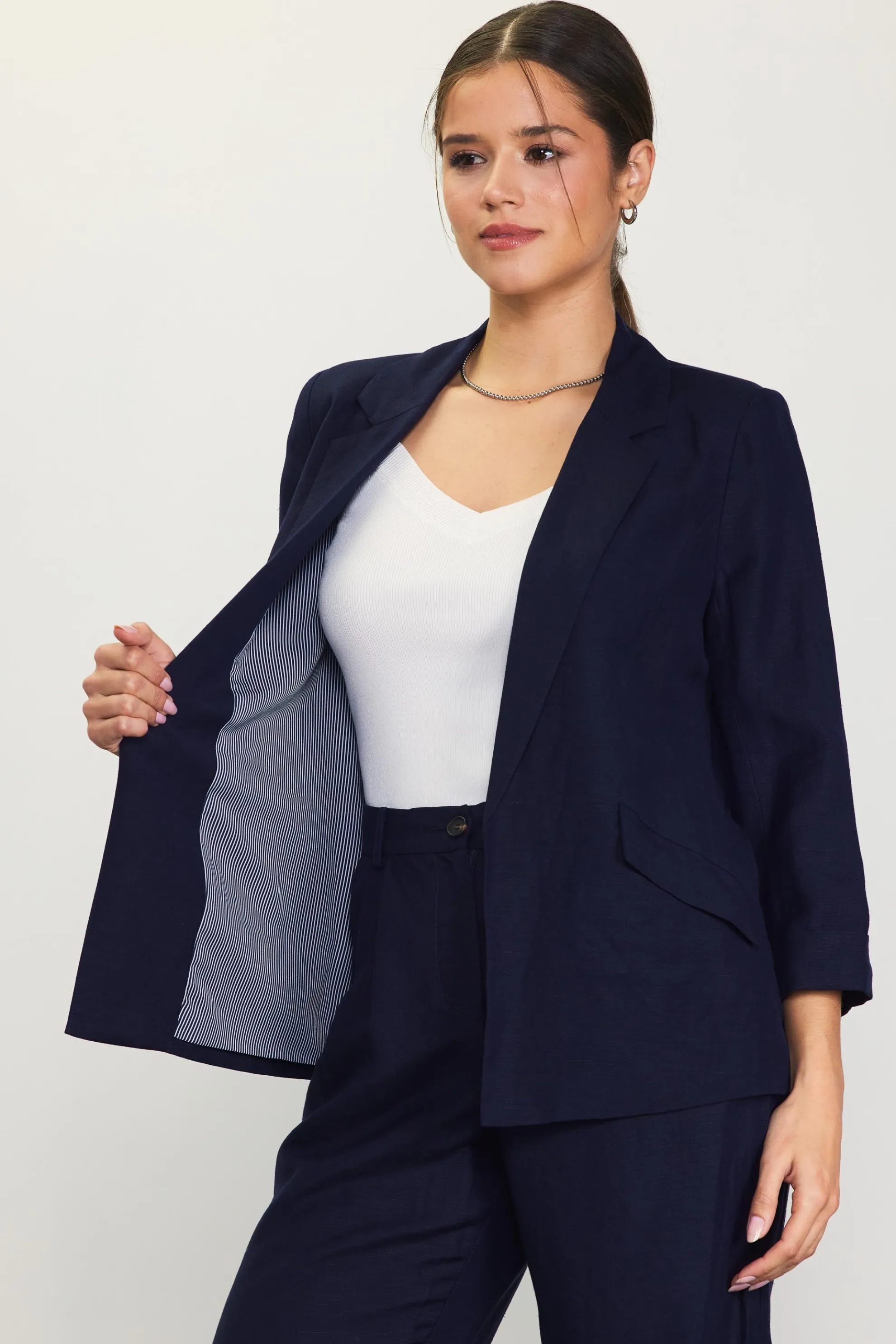 Linen Blend Three-Quarter Sleeve Blazer