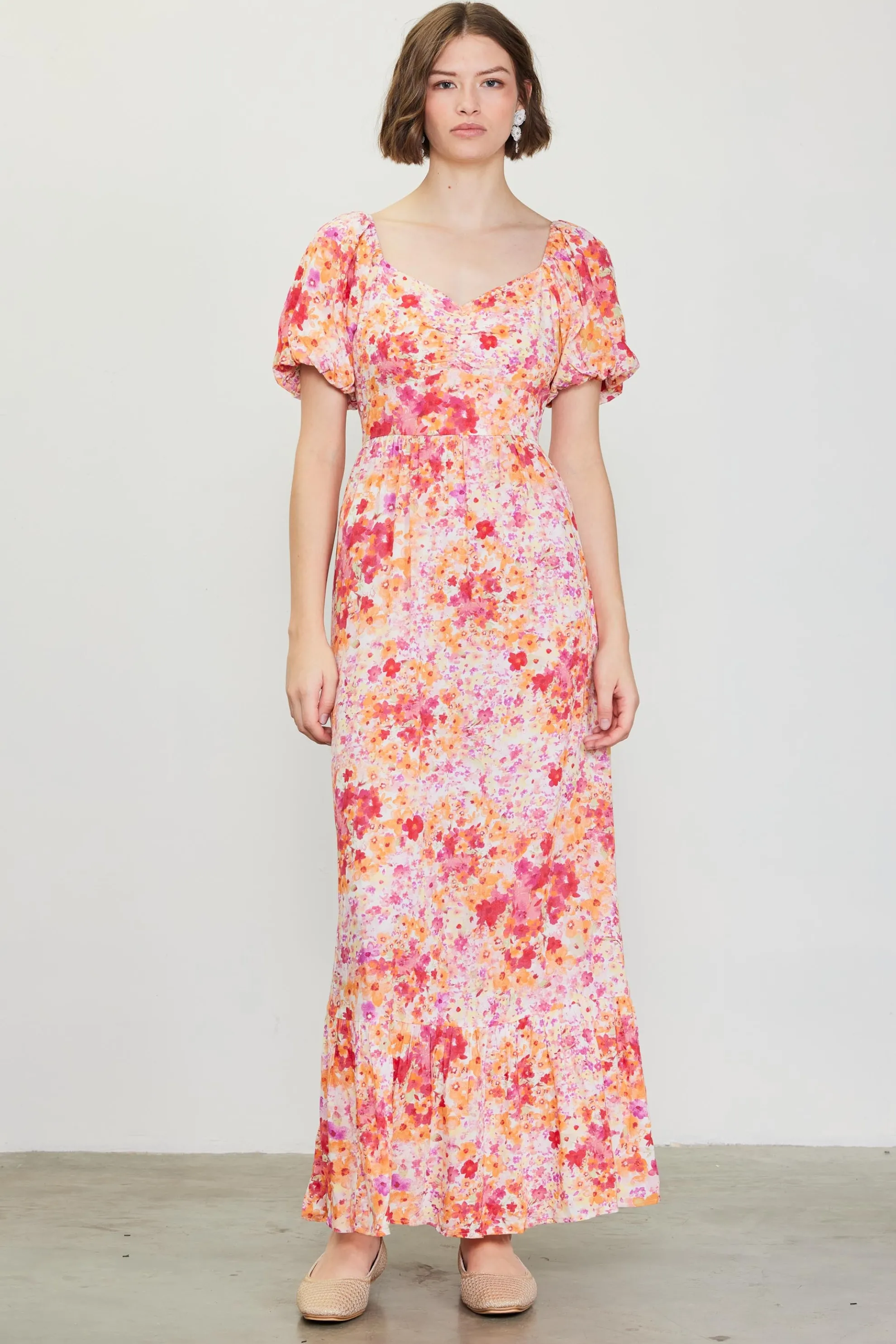 Peachy Floral Print Maxi Dress