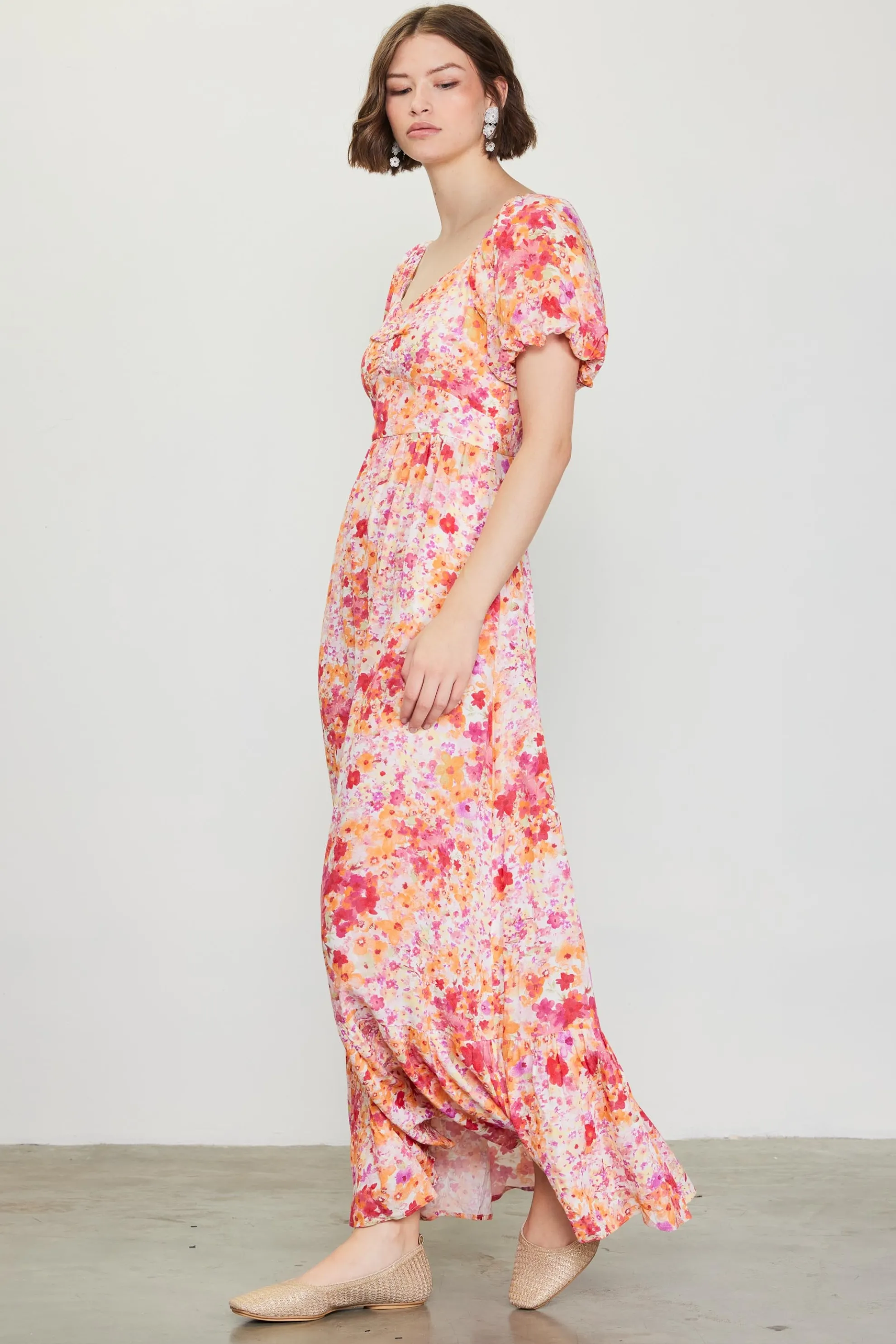 Peachy Floral Print Maxi Dress