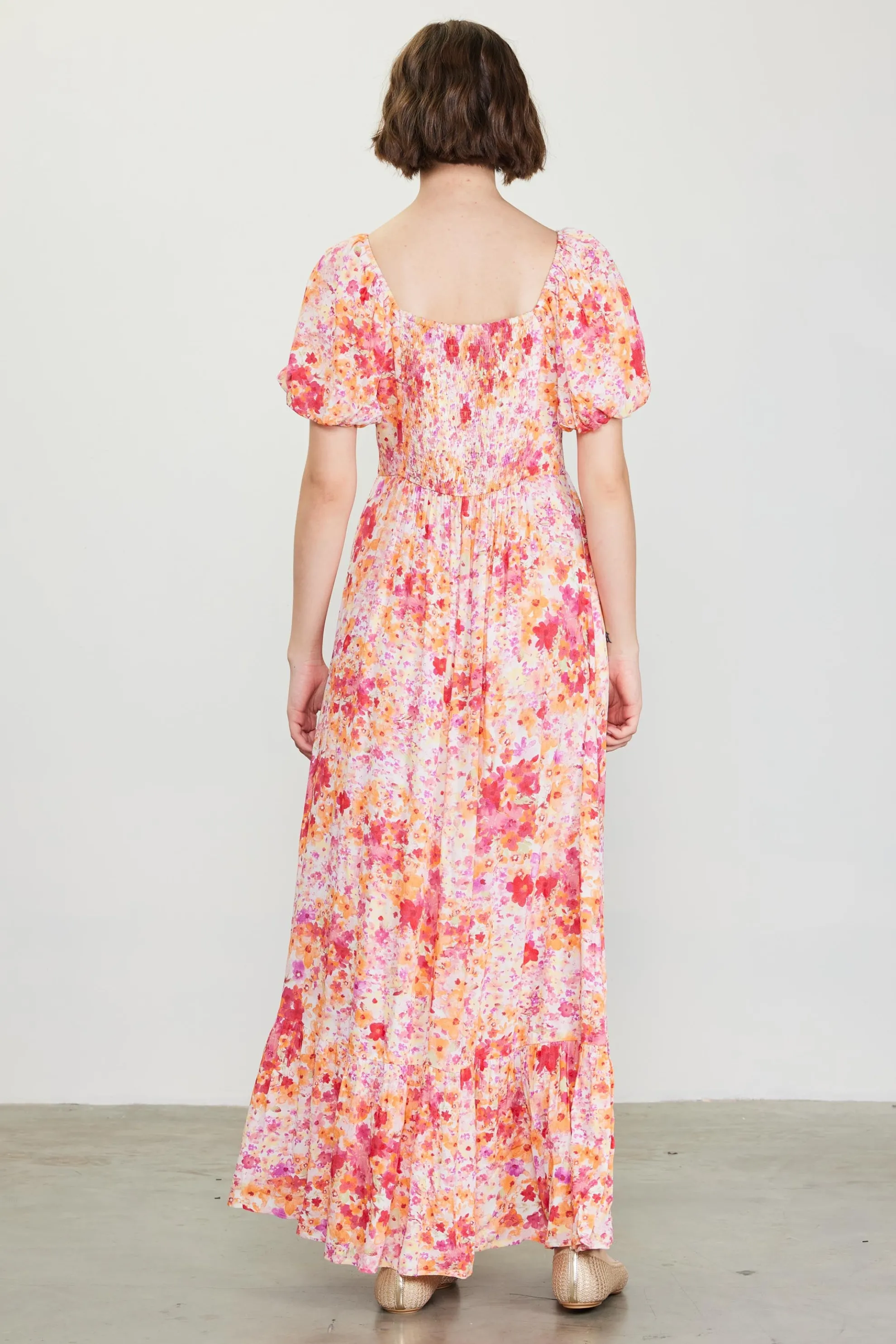 Peachy Floral Print Maxi Dress