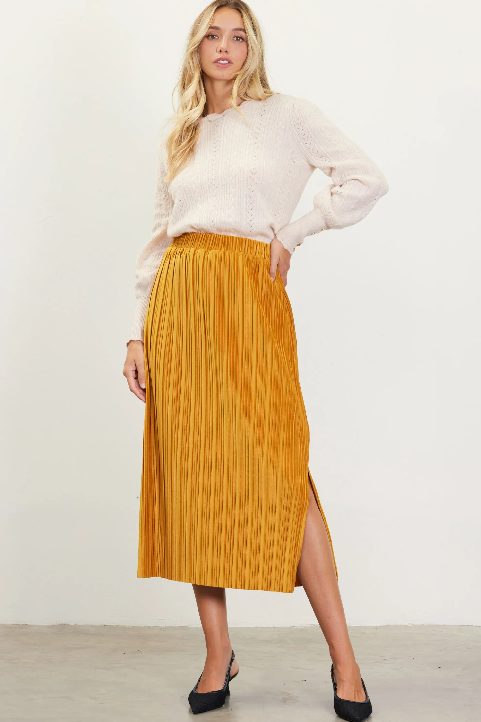 Pleated Velvet Midi Skirt