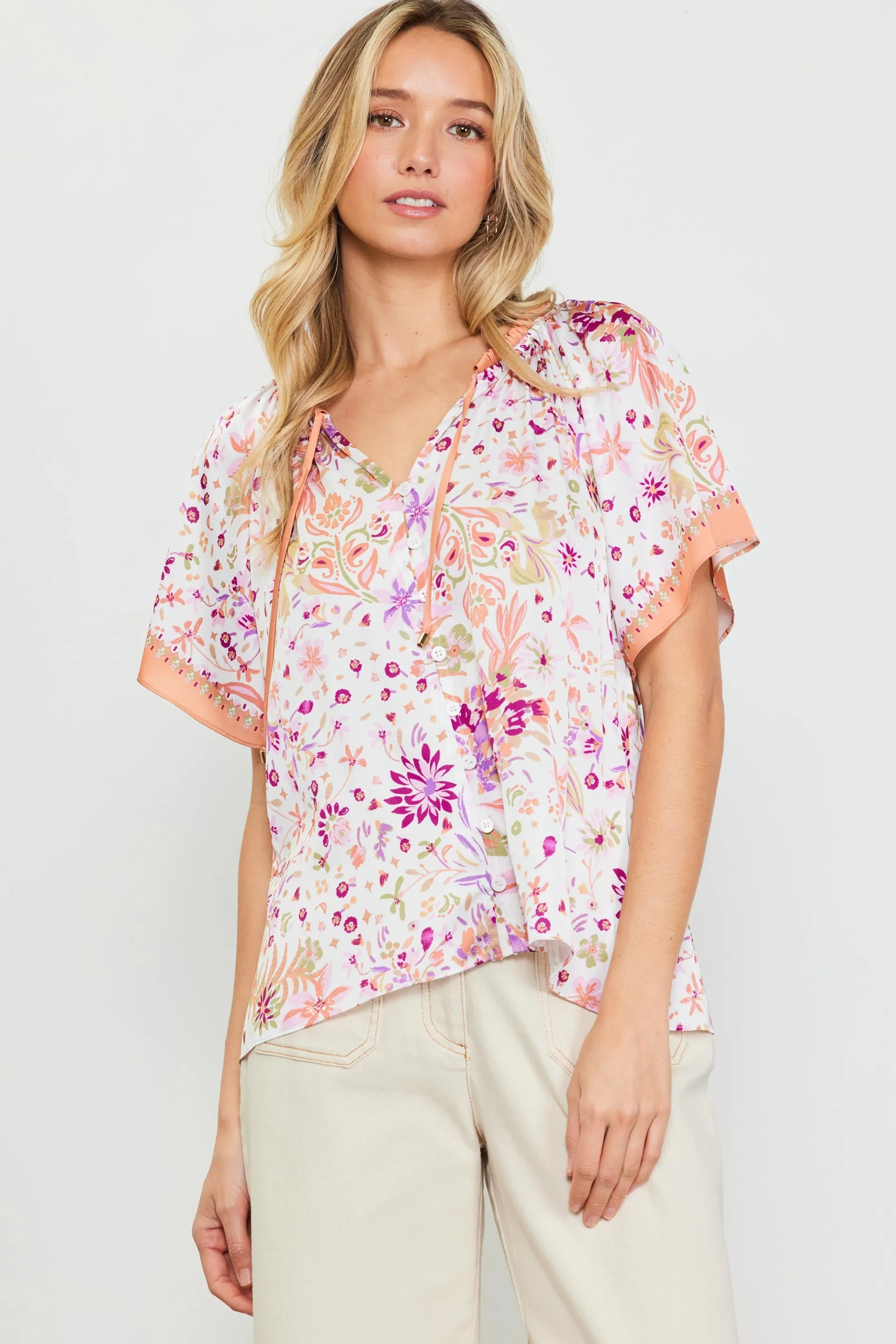 Magnolia Border Print Short Sleeve Top
