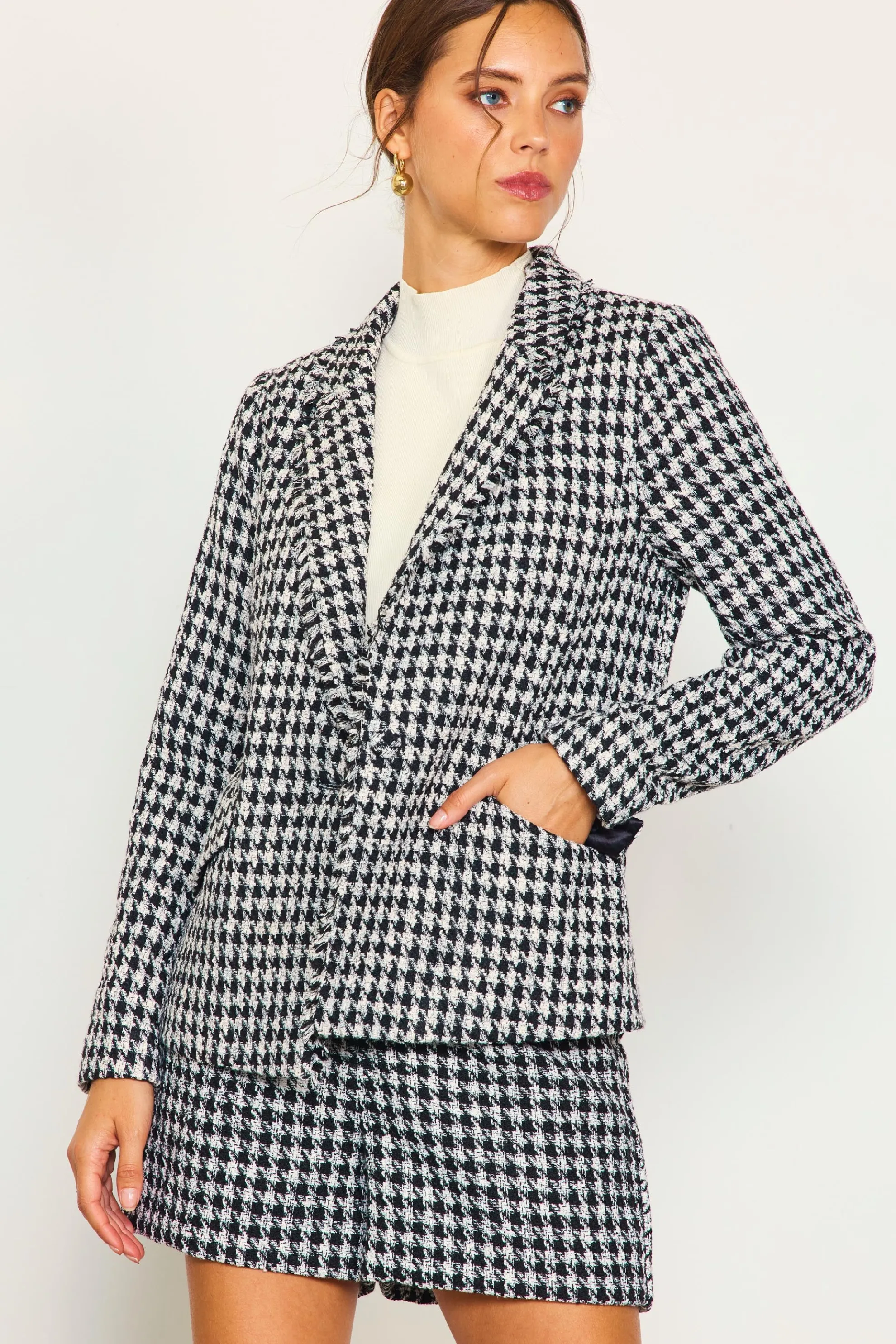 Fringed Houndstooth Blazer
